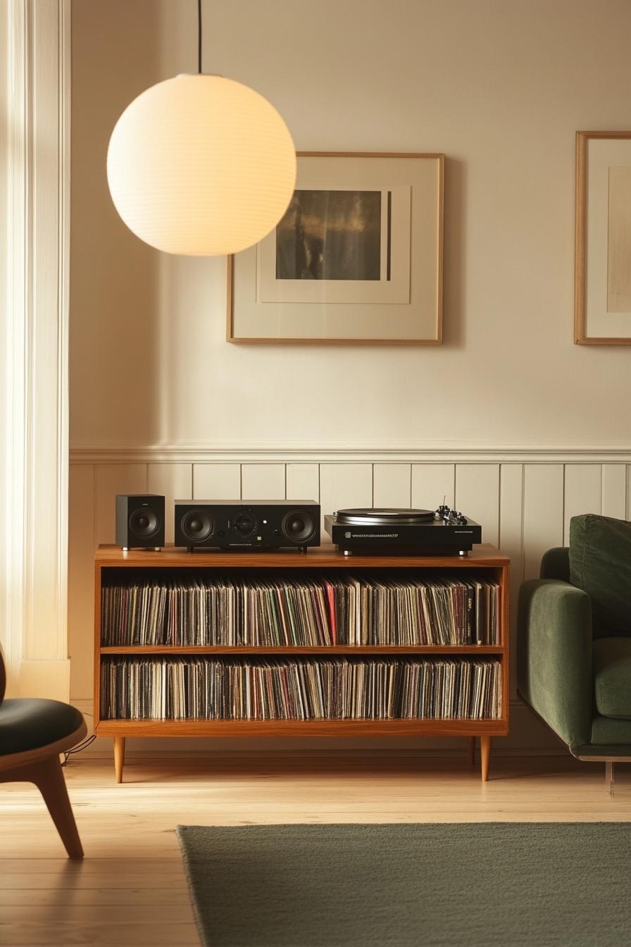 Mid-century modern living room with vinyl records and a turntable