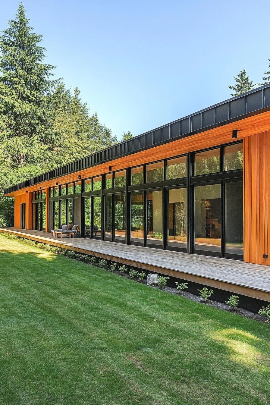 A long house with a modern design, featuring large glass windows and a wooden deck