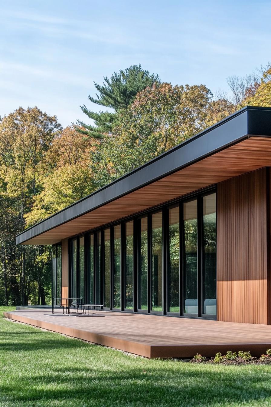 Long house with glass facade nestled in nature