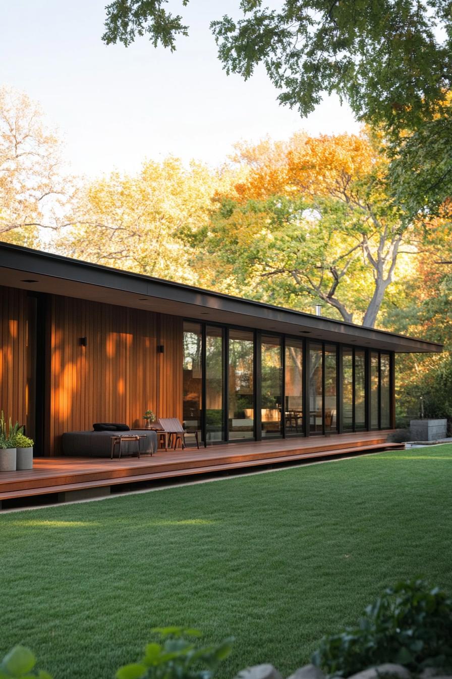 Modern longhouse with glass walls under autumn trees