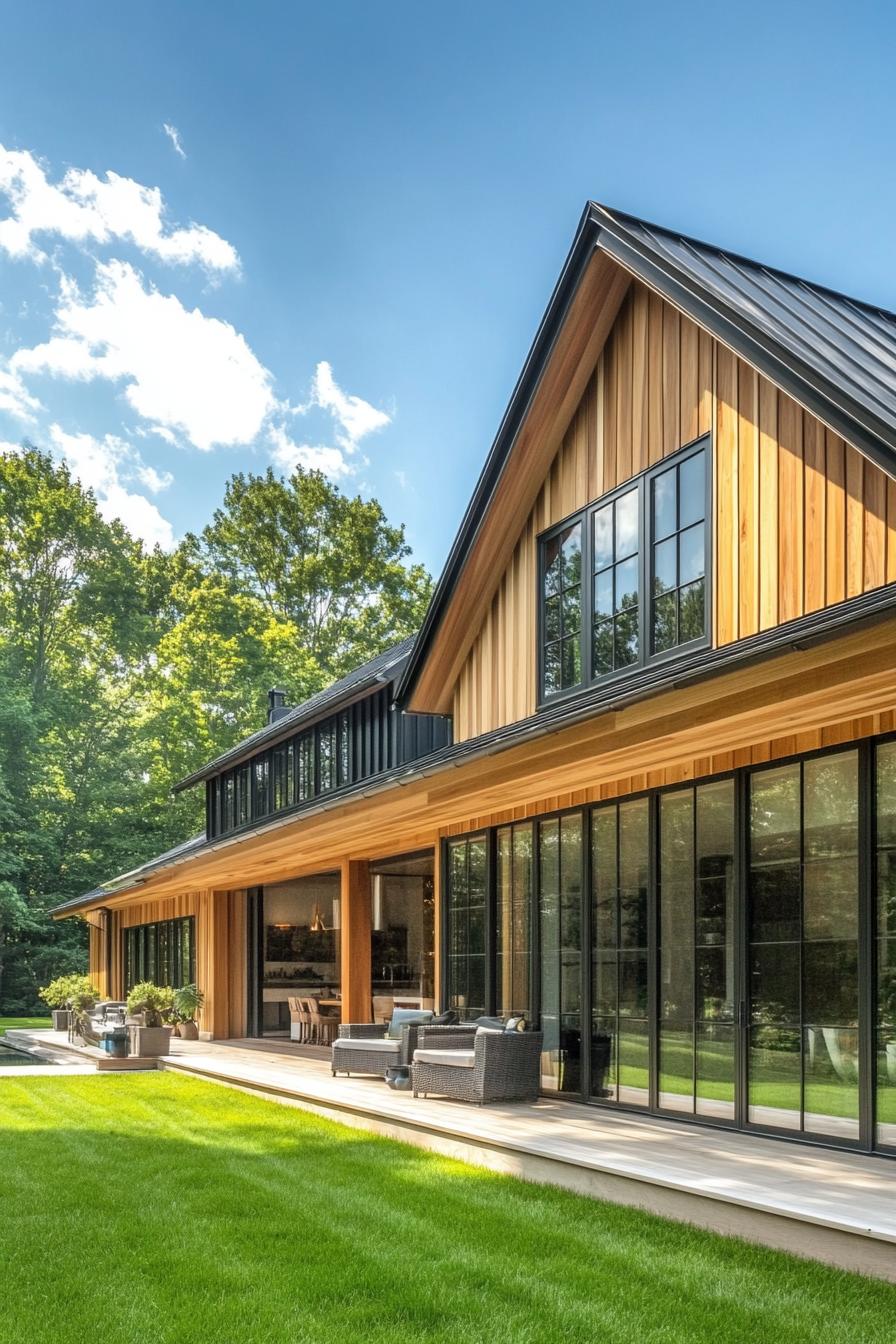 Contemporary long house with wooden and glass facade