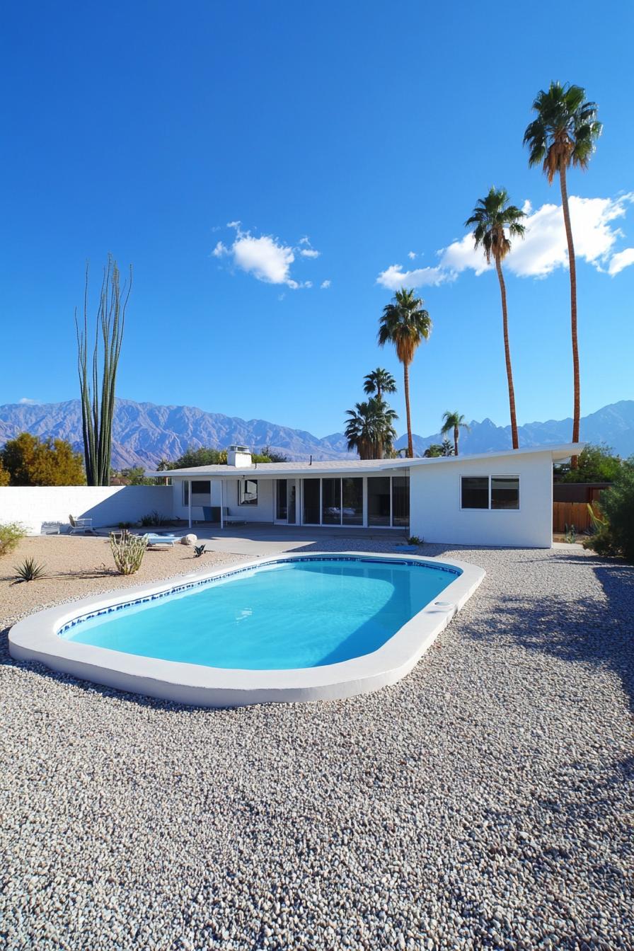 White mid-century modern house with pool and palms