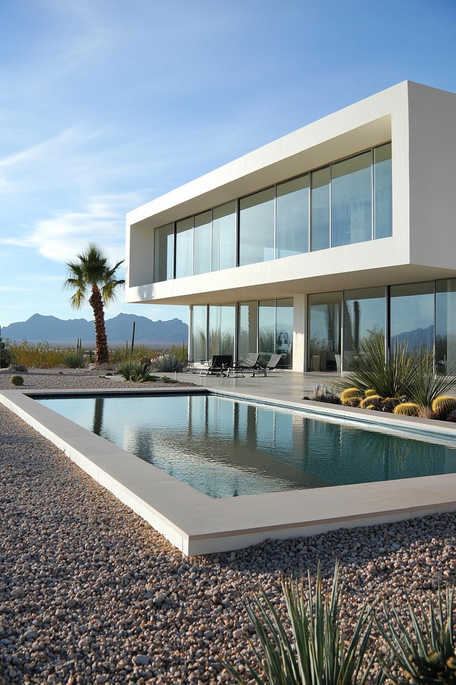 Sleek white house with large windows and a pool in the foreground