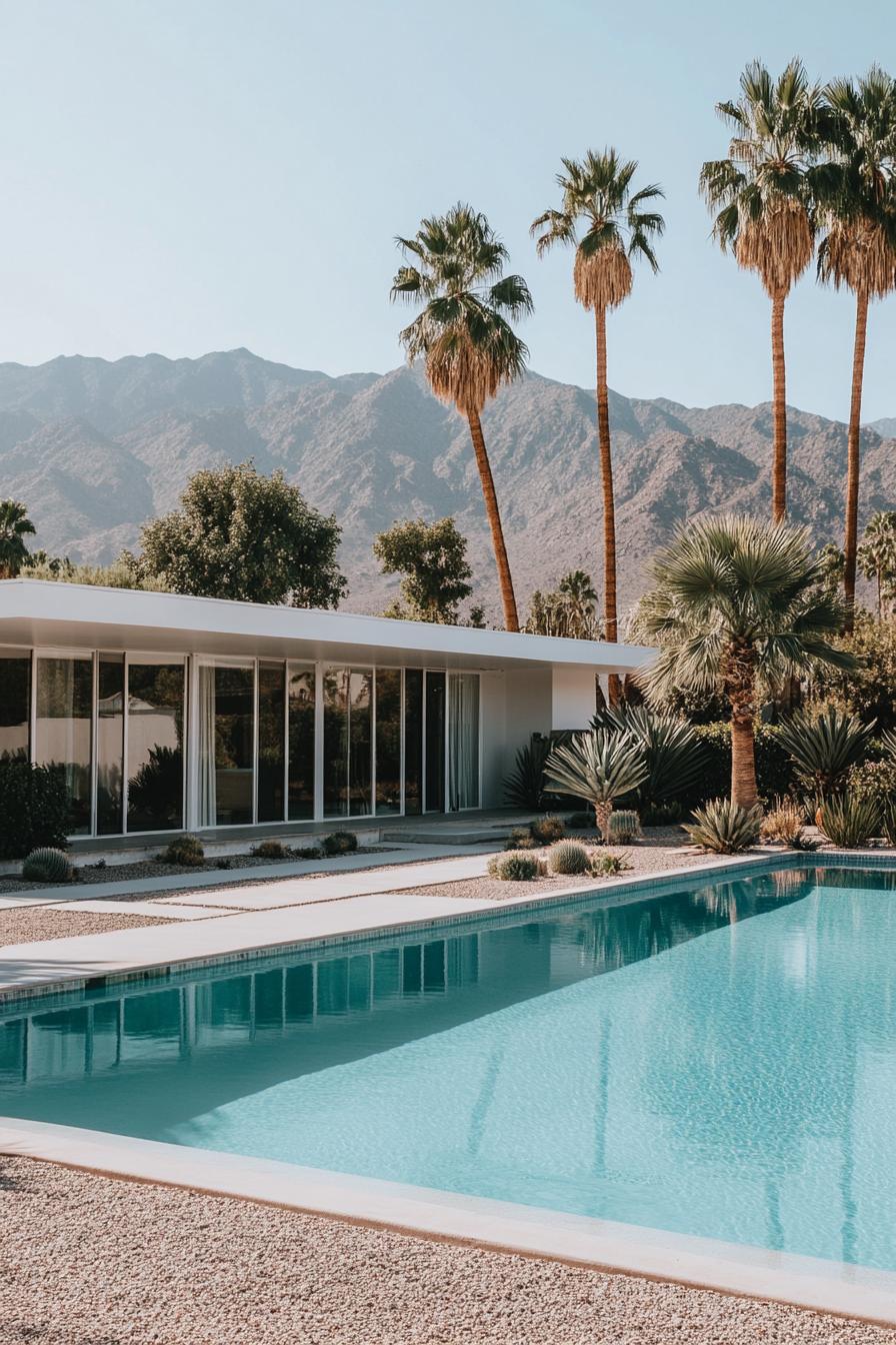 Mid-century modern house with a pool under palm trees