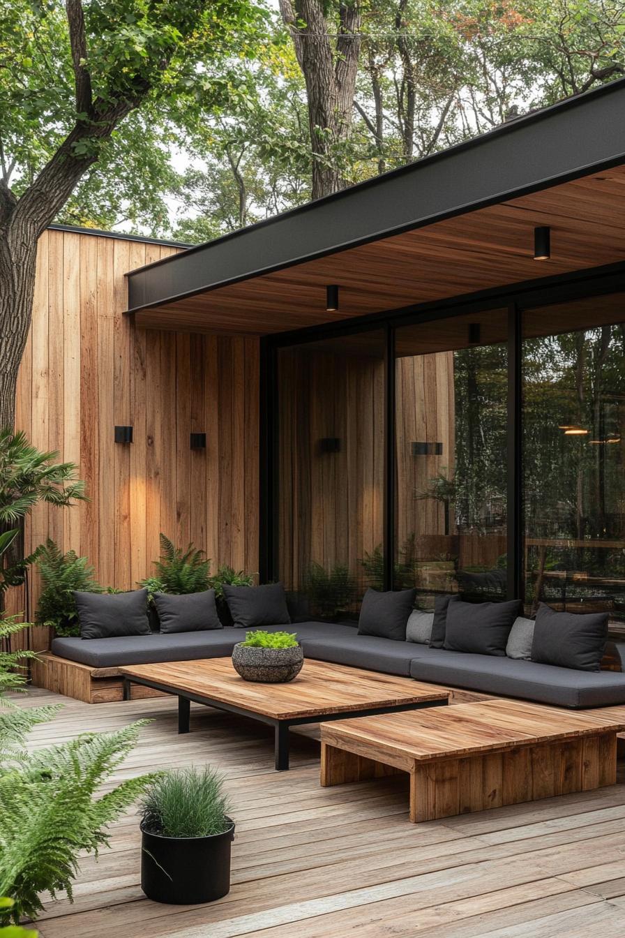 Cozy deck with wooden furniture and lush greenery