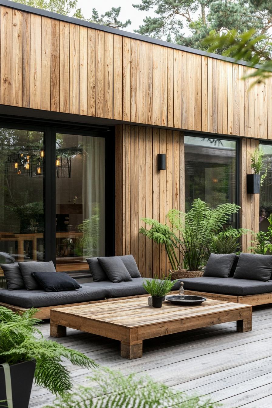 Cozy wooden outdoor seating area with plants