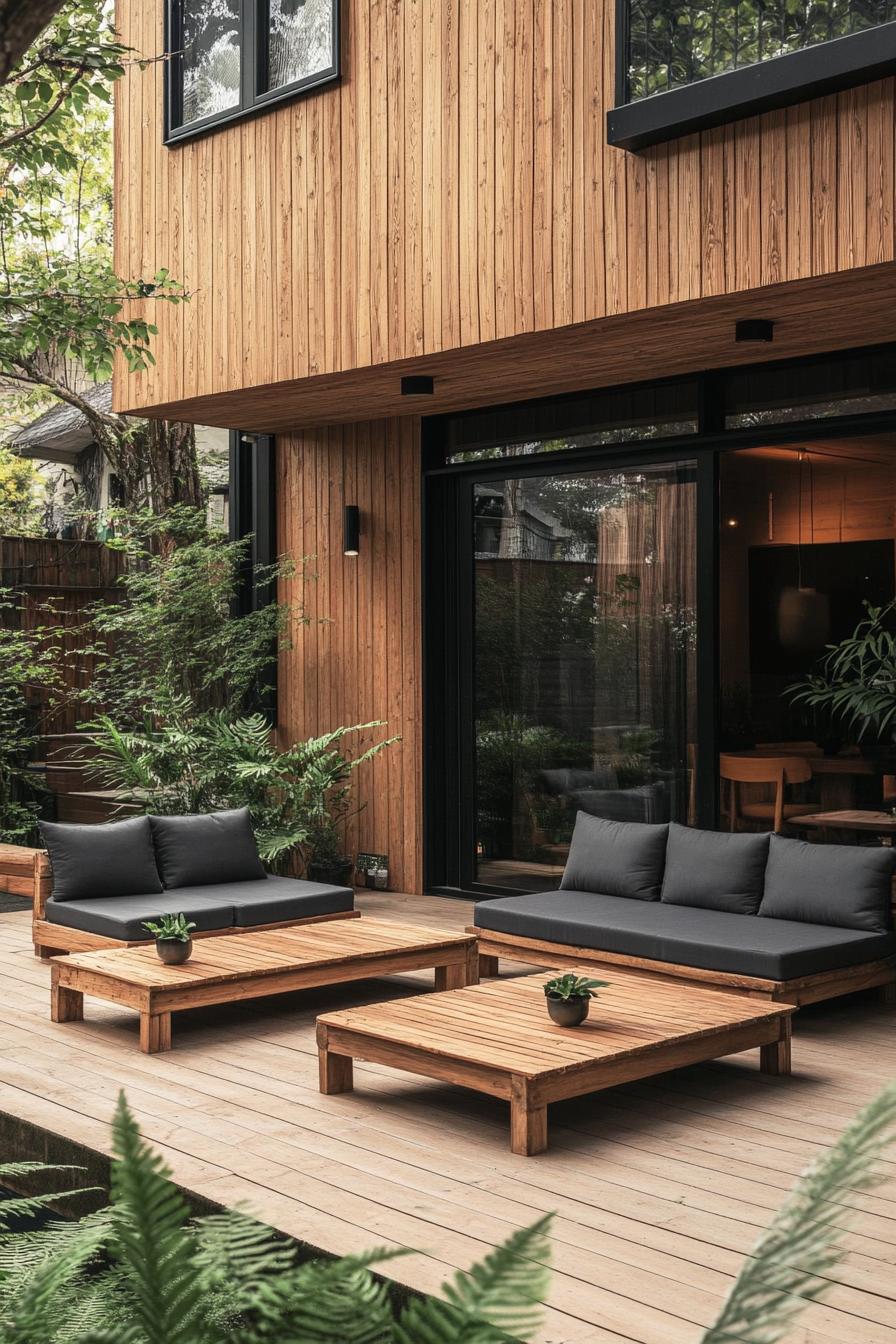 Stylish wooden deck with cozy seating