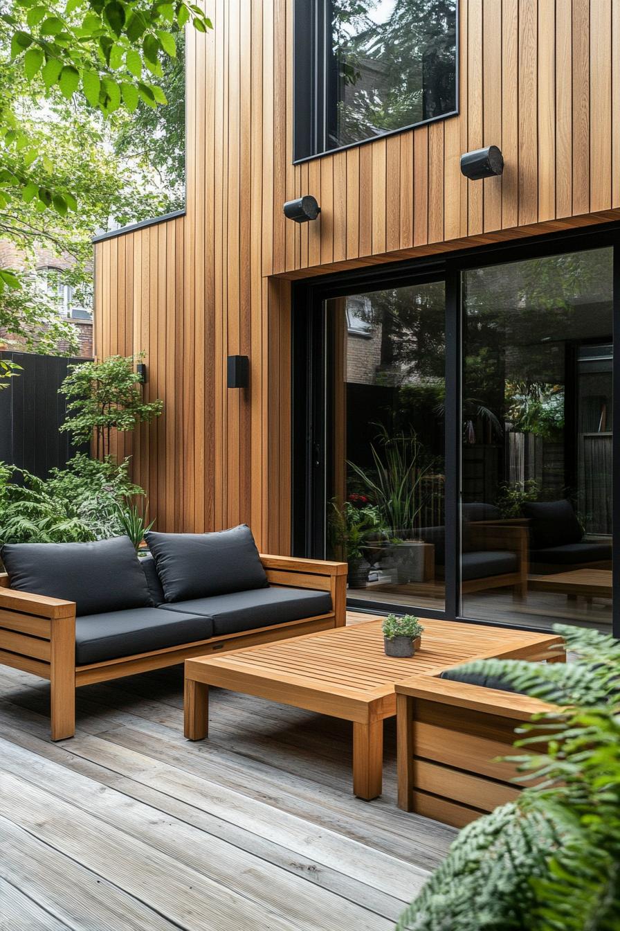 Sleek wooden lounge with dark cushions next to a modern house