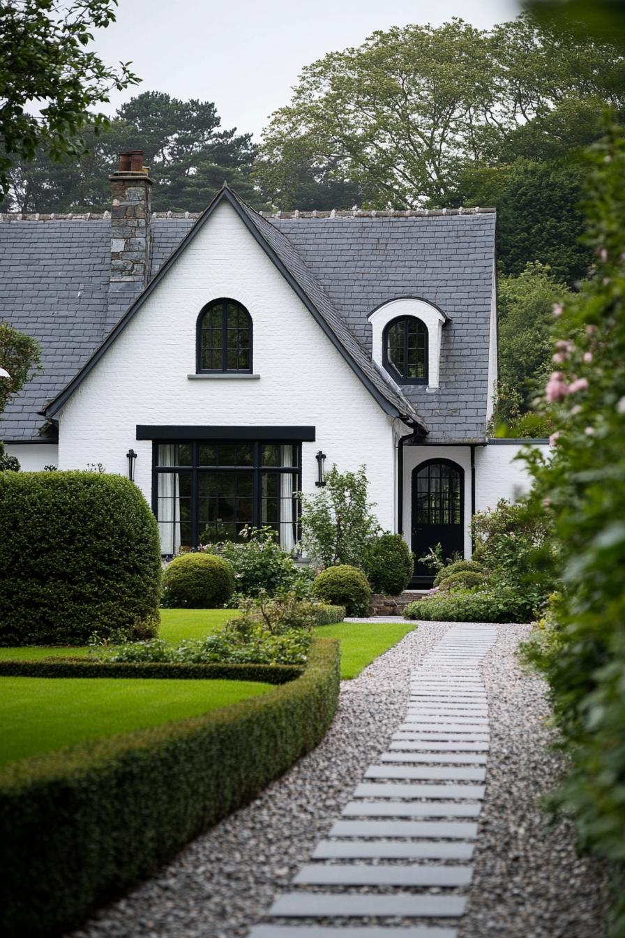 Charming white cottage with arched windows and lush gardens