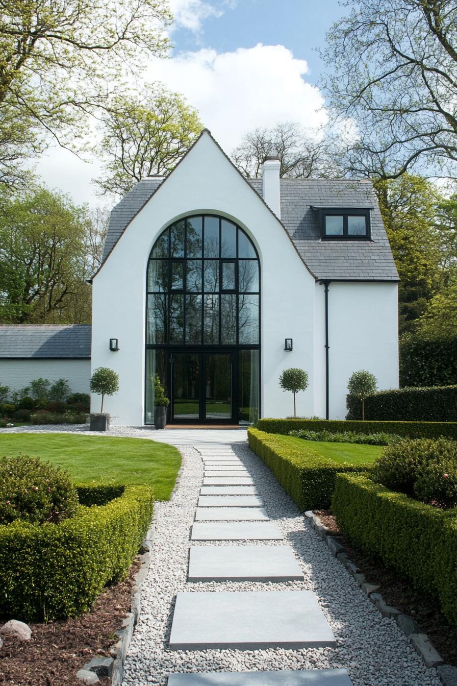 Modern white house with large arched window and manicured garden