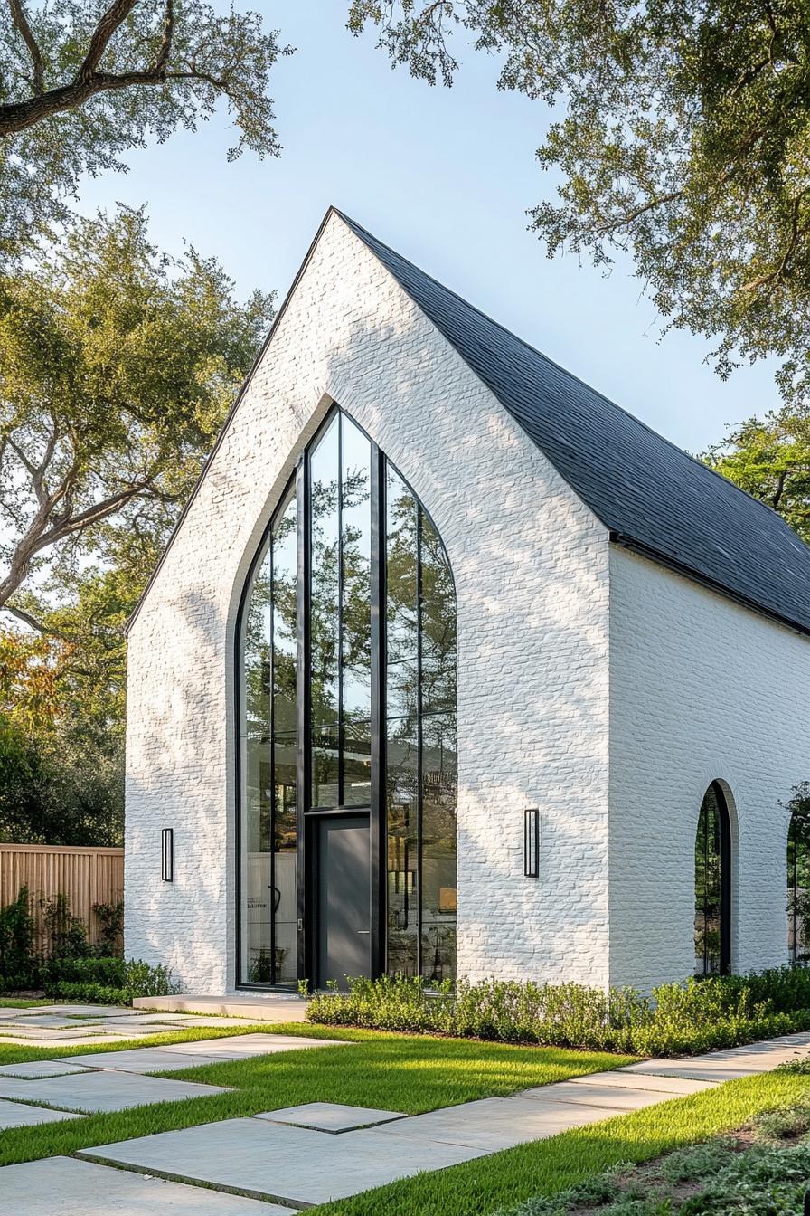 Sleek white brick house with tall arched window