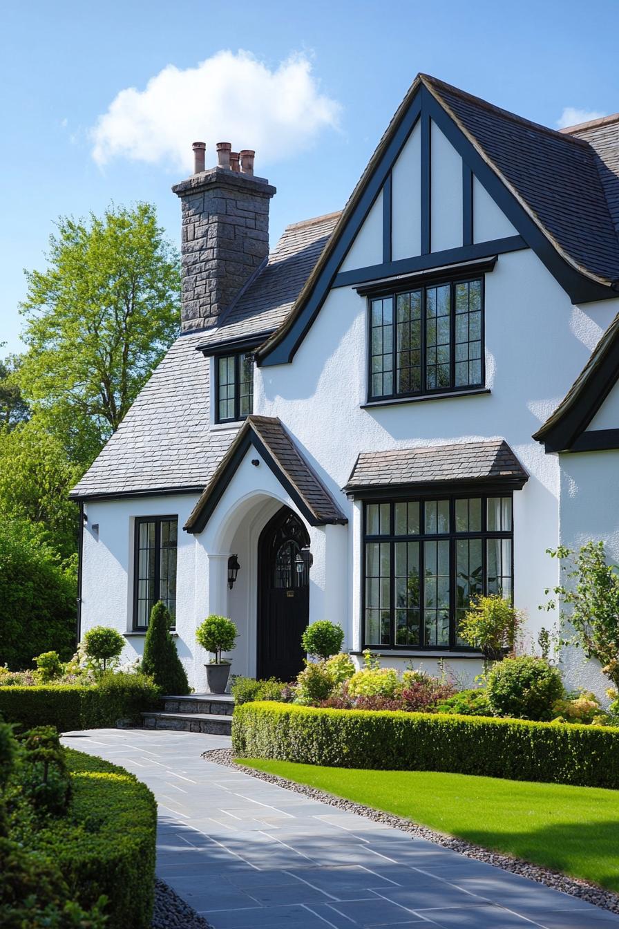 Tudor-style house with lush garden path