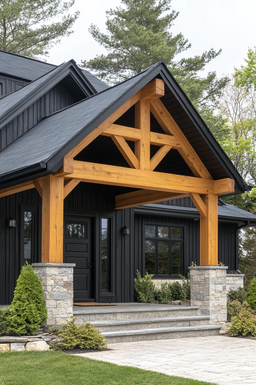 Modern farmhouse with wooden beams and stone details