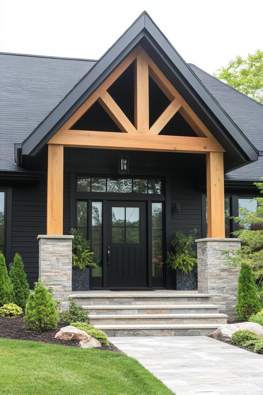 Modern farmhouse entrance with timber beams