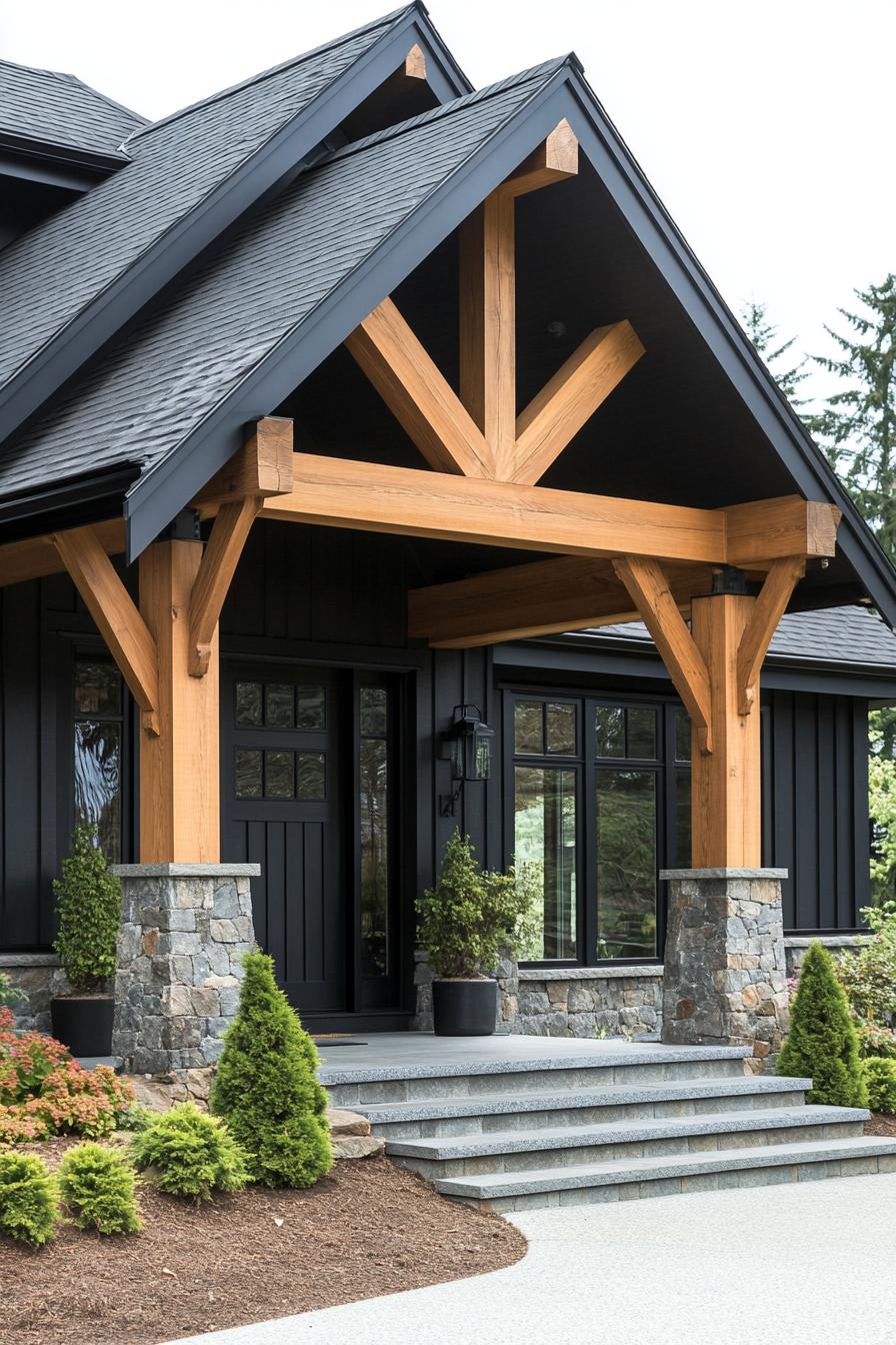 Modern farmhouse entrance with timber beams