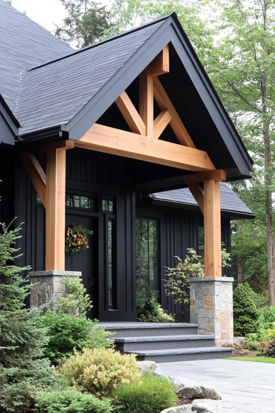 Modern farmhouse with wooden beams and lush greenery