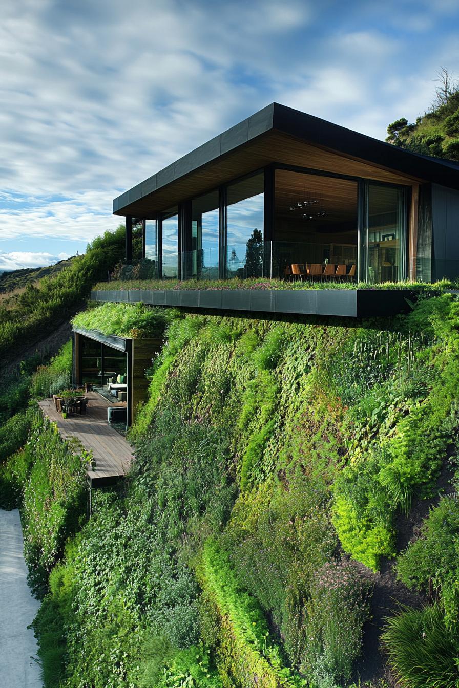 Contemporary house perched on a lush hillside