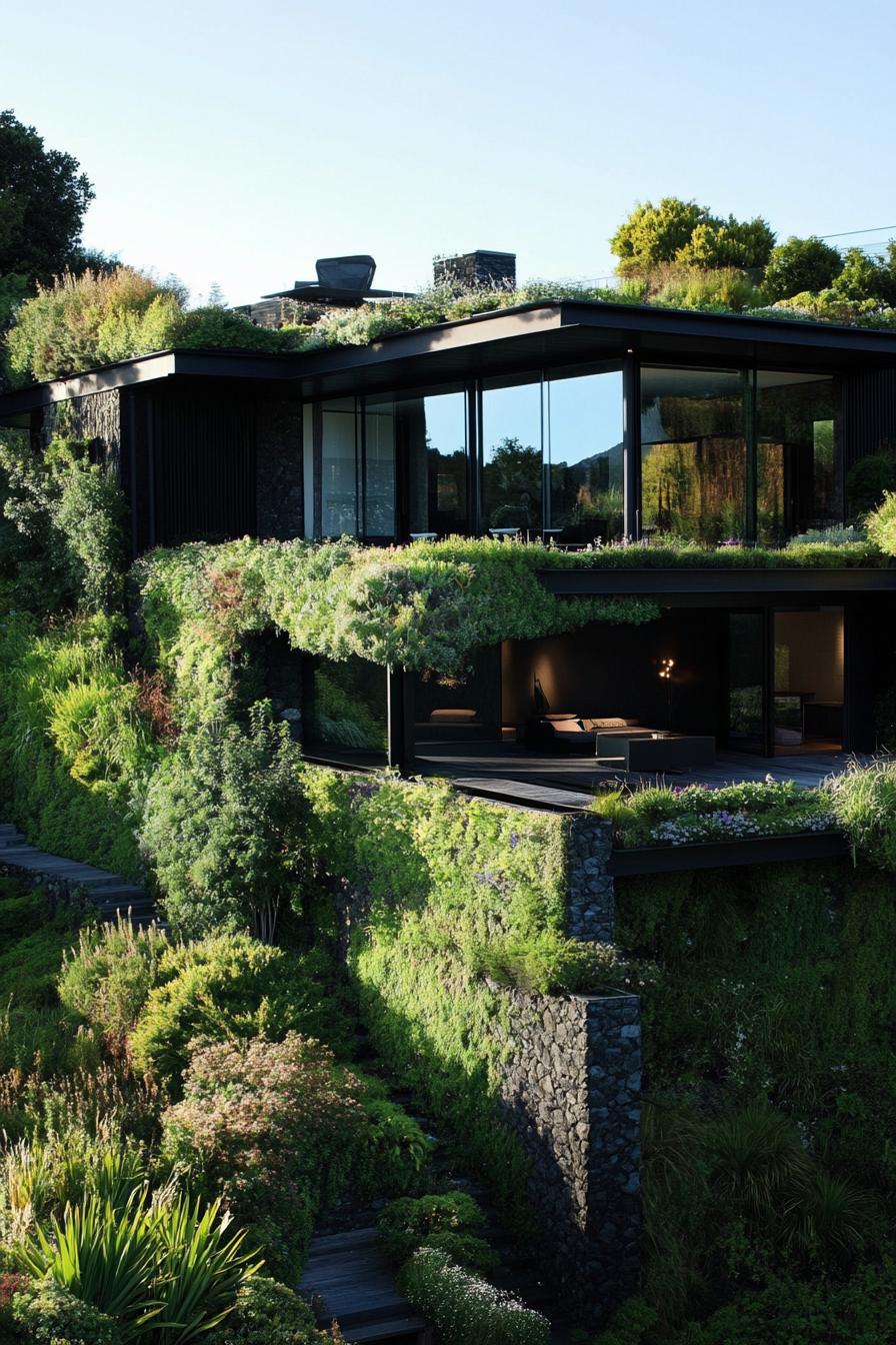 Modern hillside house with lush rooftop garden