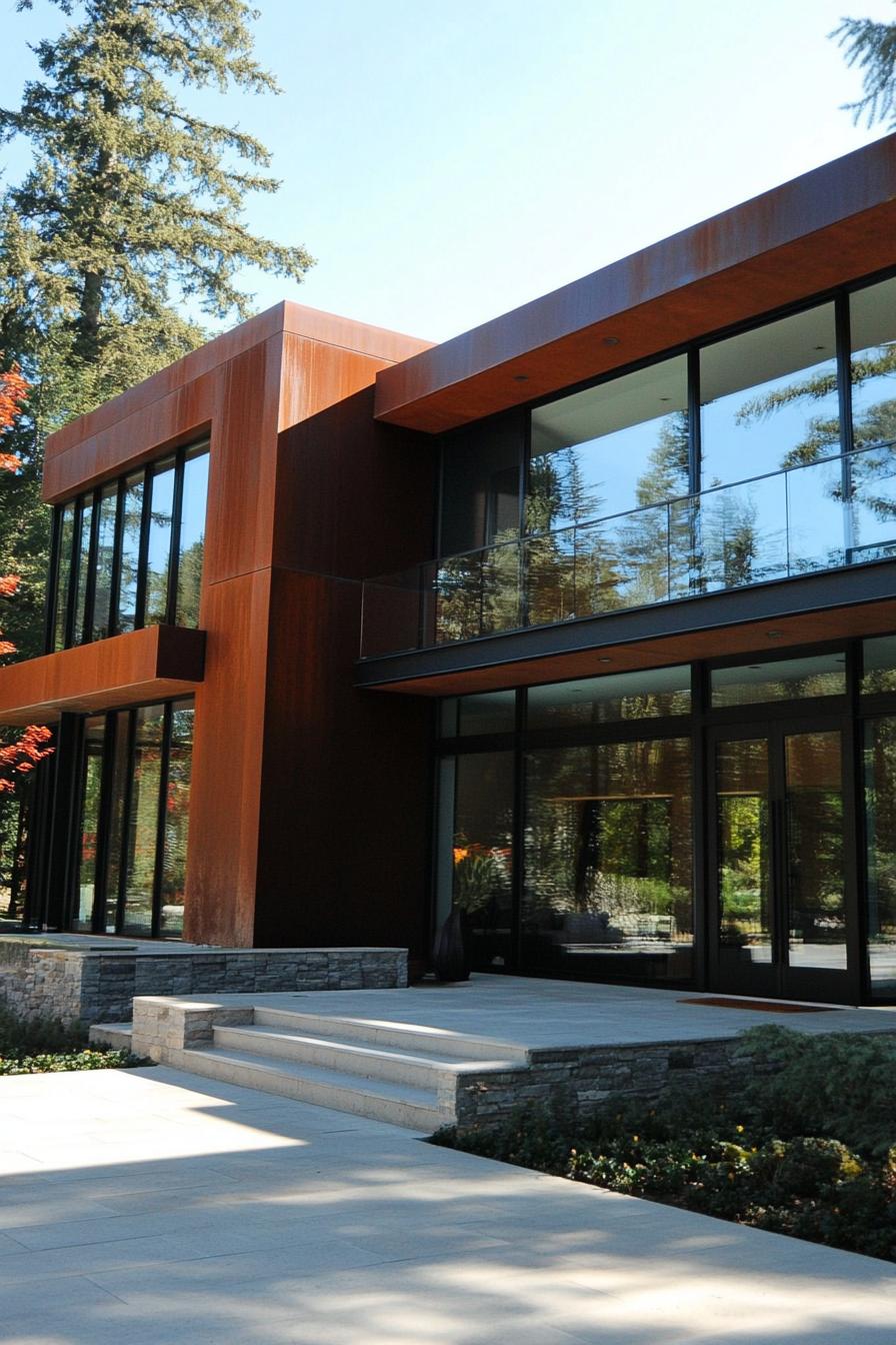 Modern flat roof house with large windows and copper accents in a forest setting