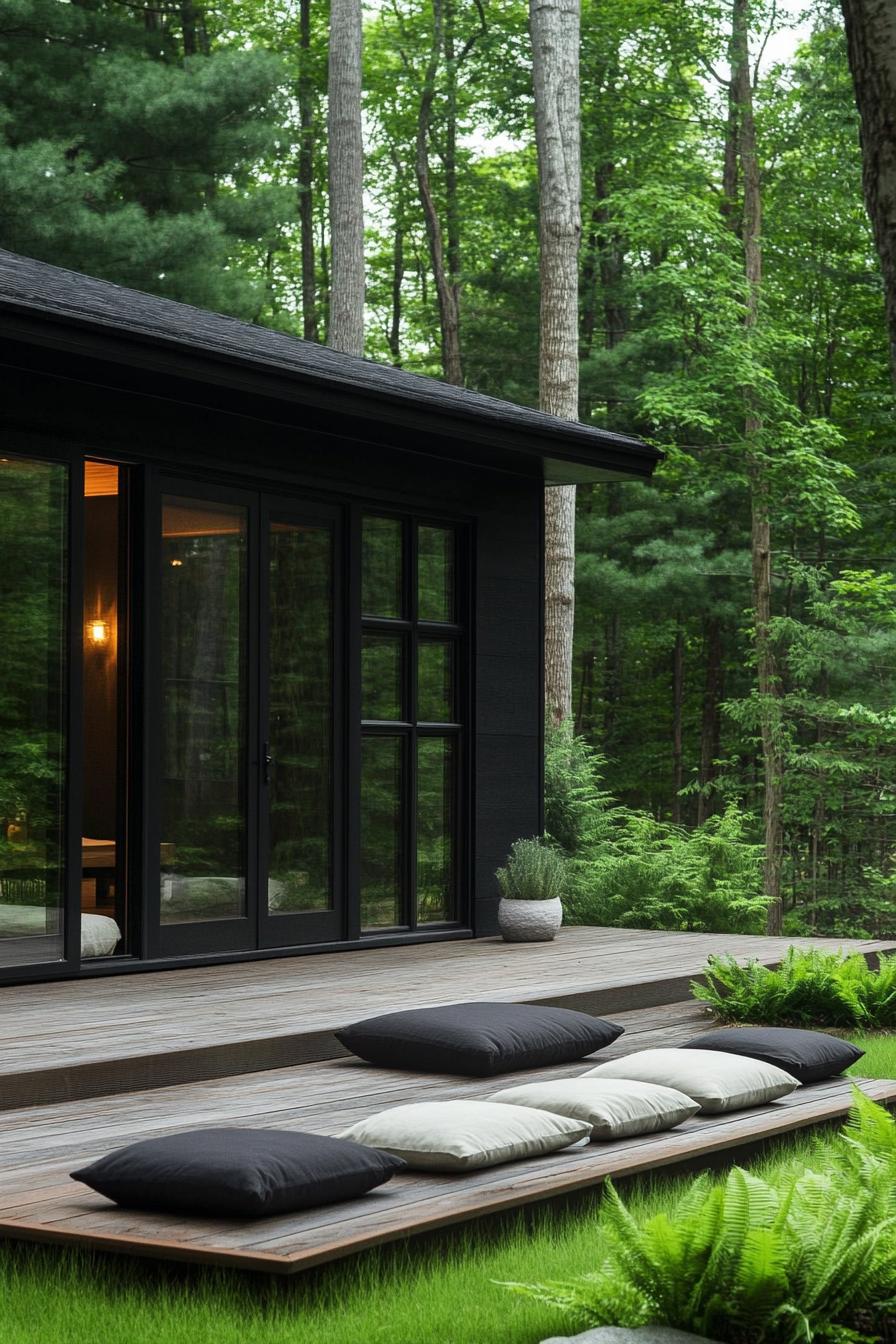 Japanese courtyard house surrounded by lush forest with a wooden deck and cushions