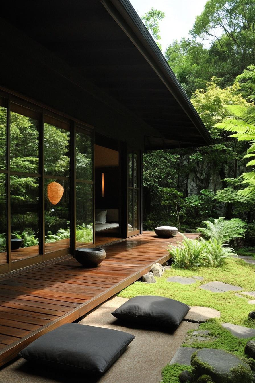 Japanese courtyard with wooden deck and lush greenery