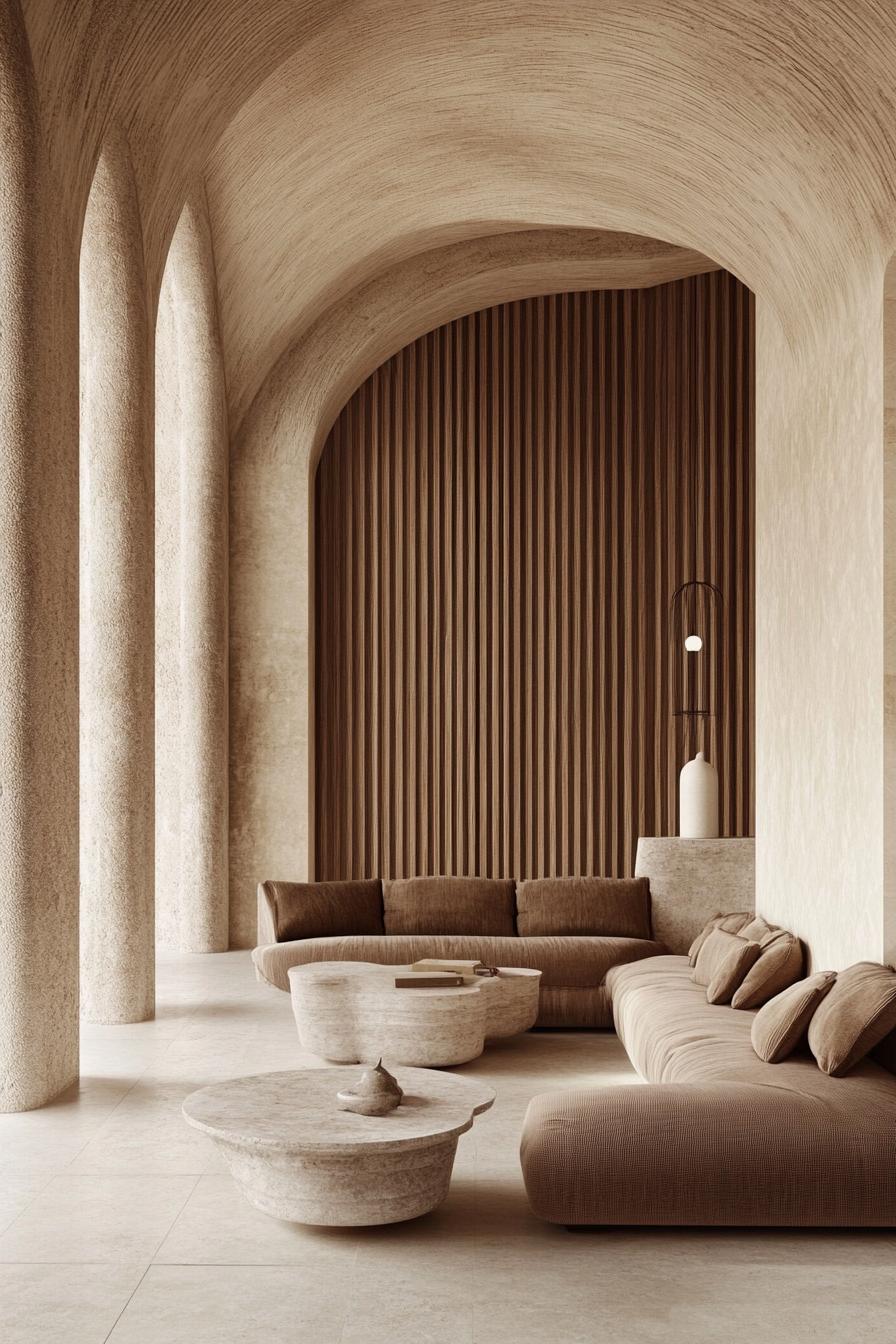 Modern lobby with curved arches and a beige sofa