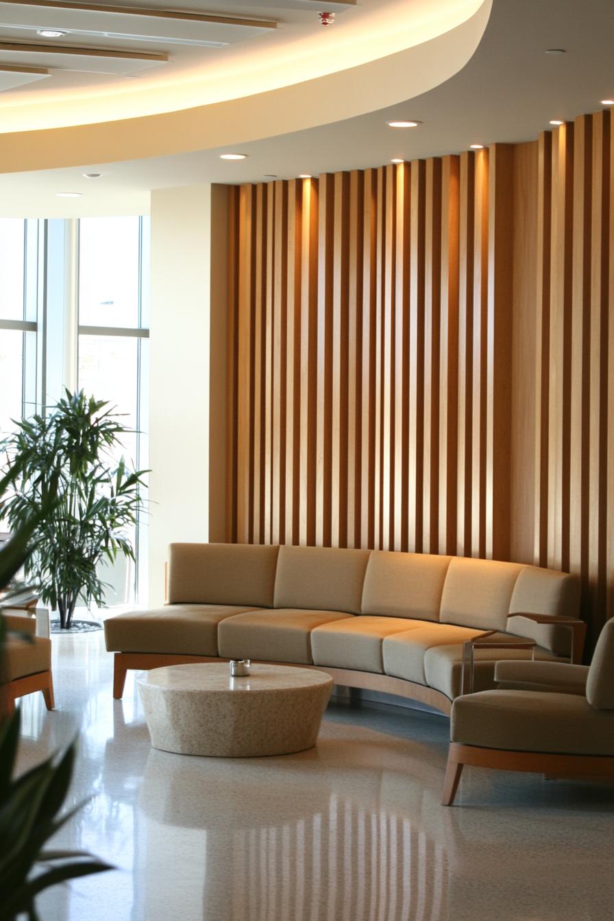 Modern lobby with curved seating and wooden accents