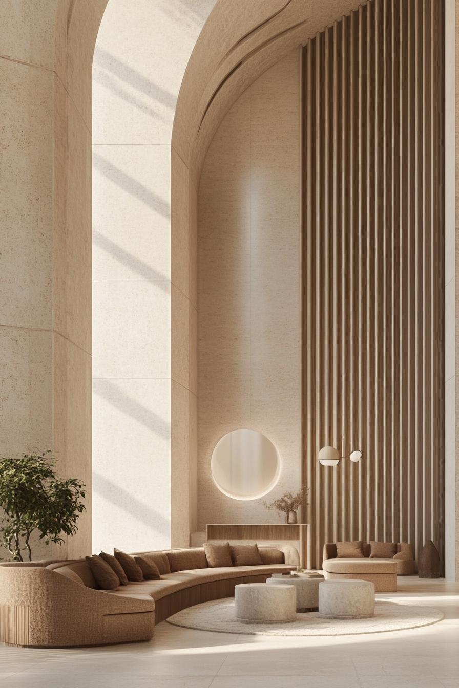 Modern lobby with curved seating and tall textured walls