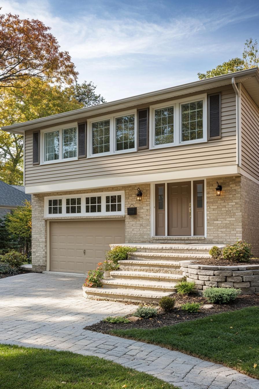 Front view of a split level house with brick and siding