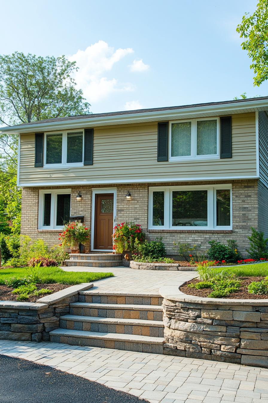 Charming split level home with stone entryway and lush garden