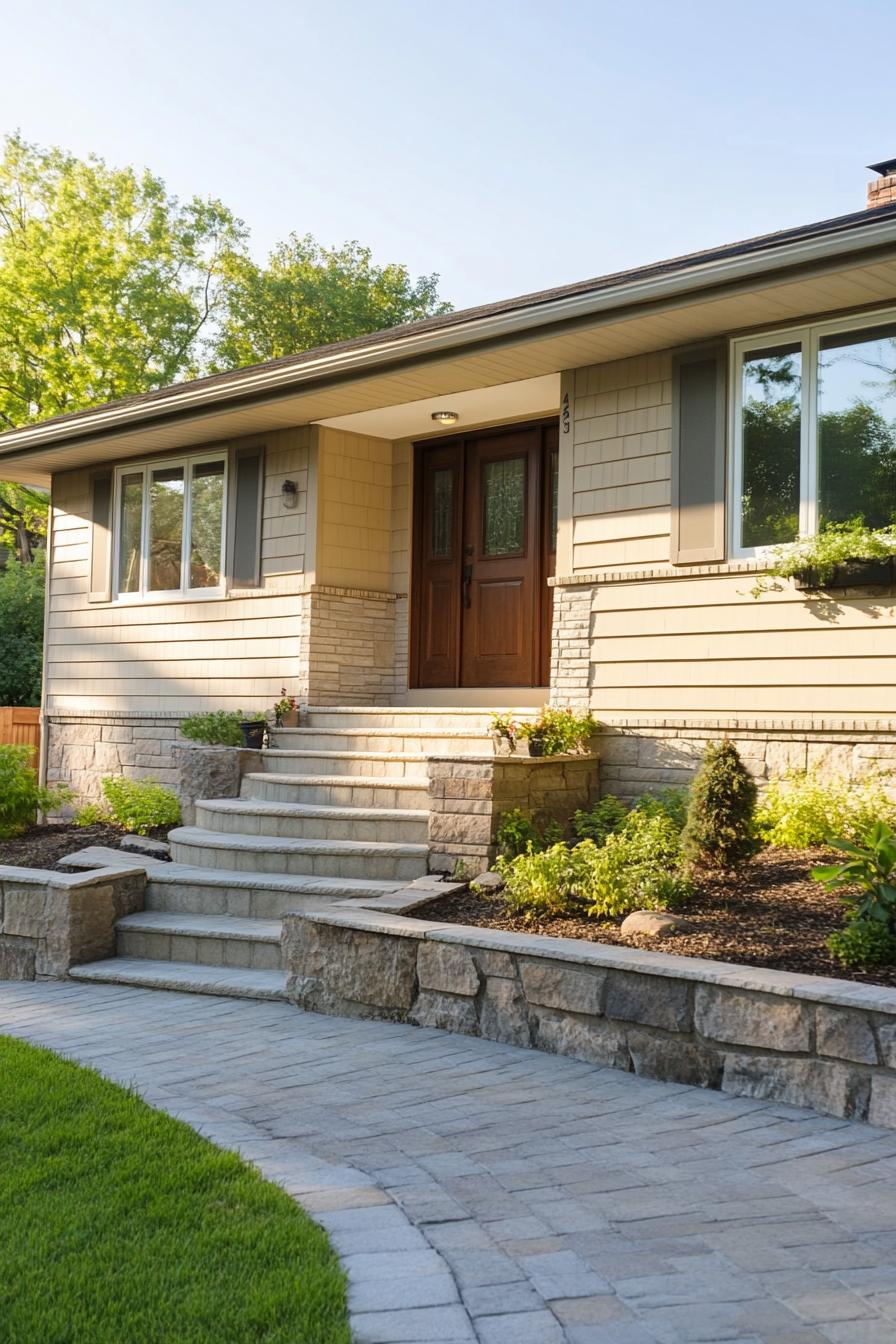 Front entrance of a split level house with elegant landscaping