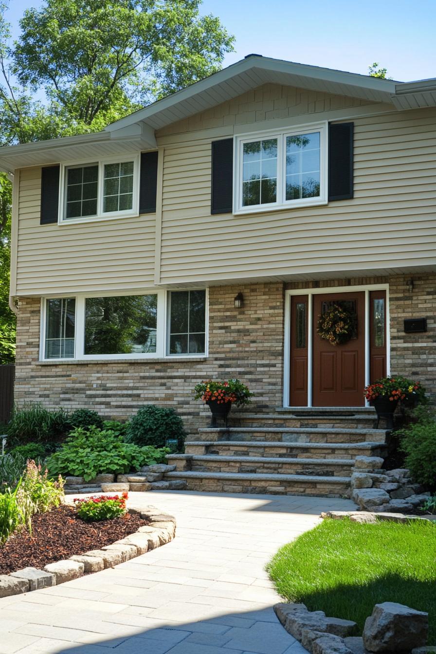 Brick home with lush garden and stone steps