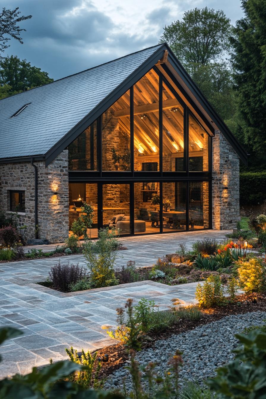 Modern stone barn with glass facade glowing in evening