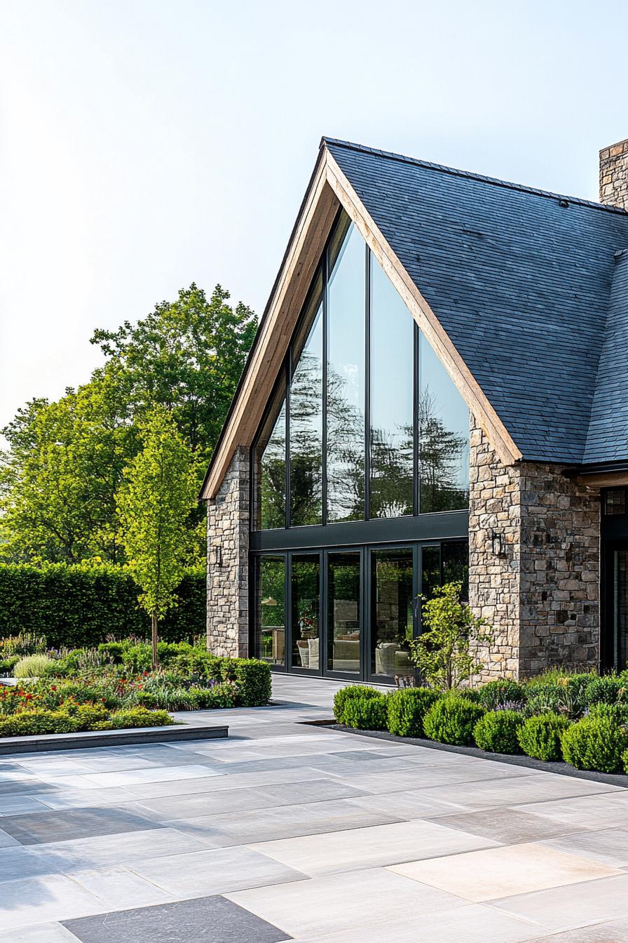 Modern stone barn with large gable windows