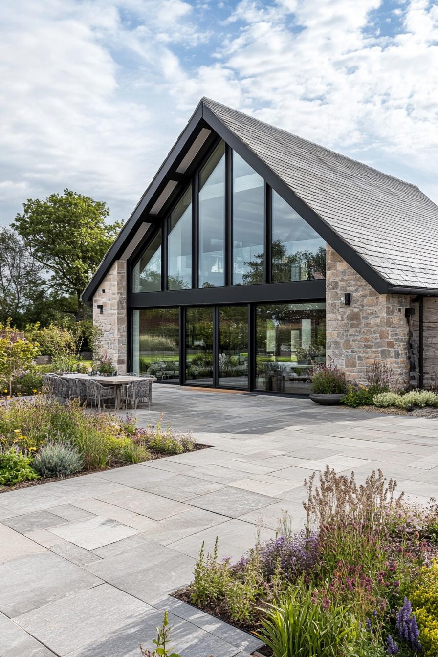 Modern stone barn with glass gables and garden patio