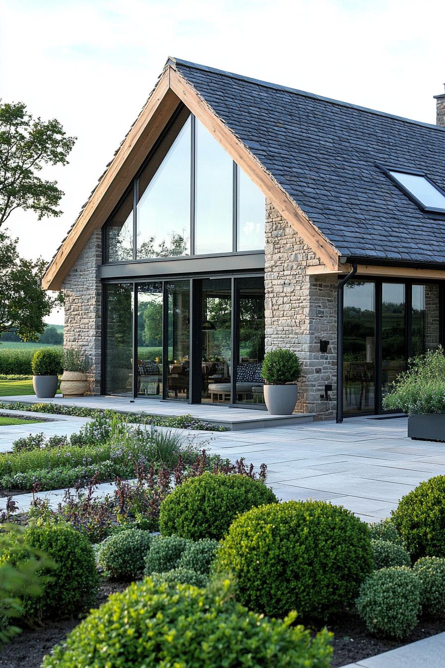 Modern stone barn with large glass windows and lush garden