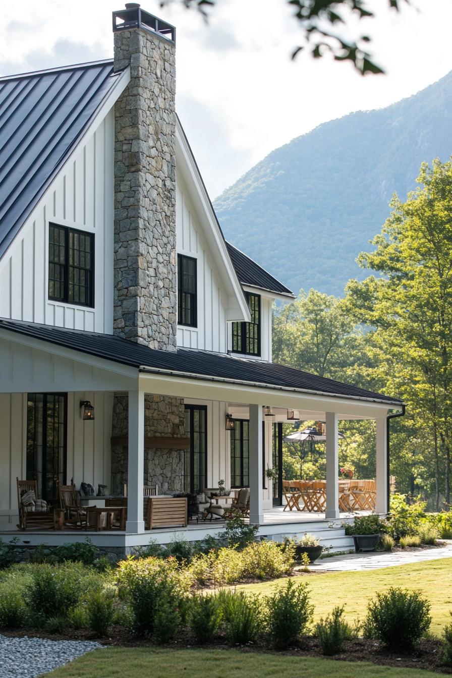 Mountain farmhouse with stone chimney and wraparound porch