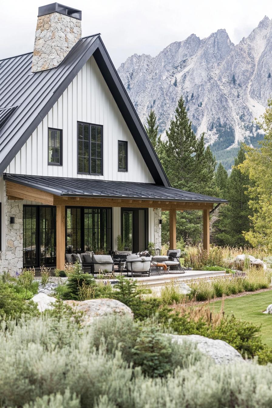 Modern farmhouse nestled in the mountains with a cozy patio