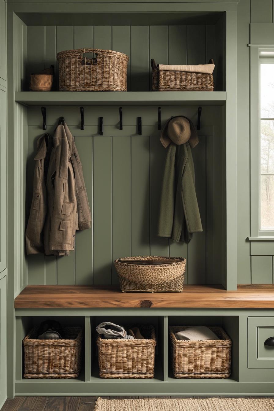 Green mudroom with woven baskets, coat hooks, and sunlight through the window