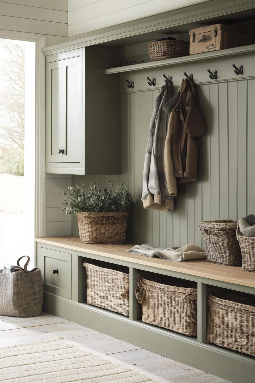 Mudroom with sage green paneling, wicker baskets, and coat hooks