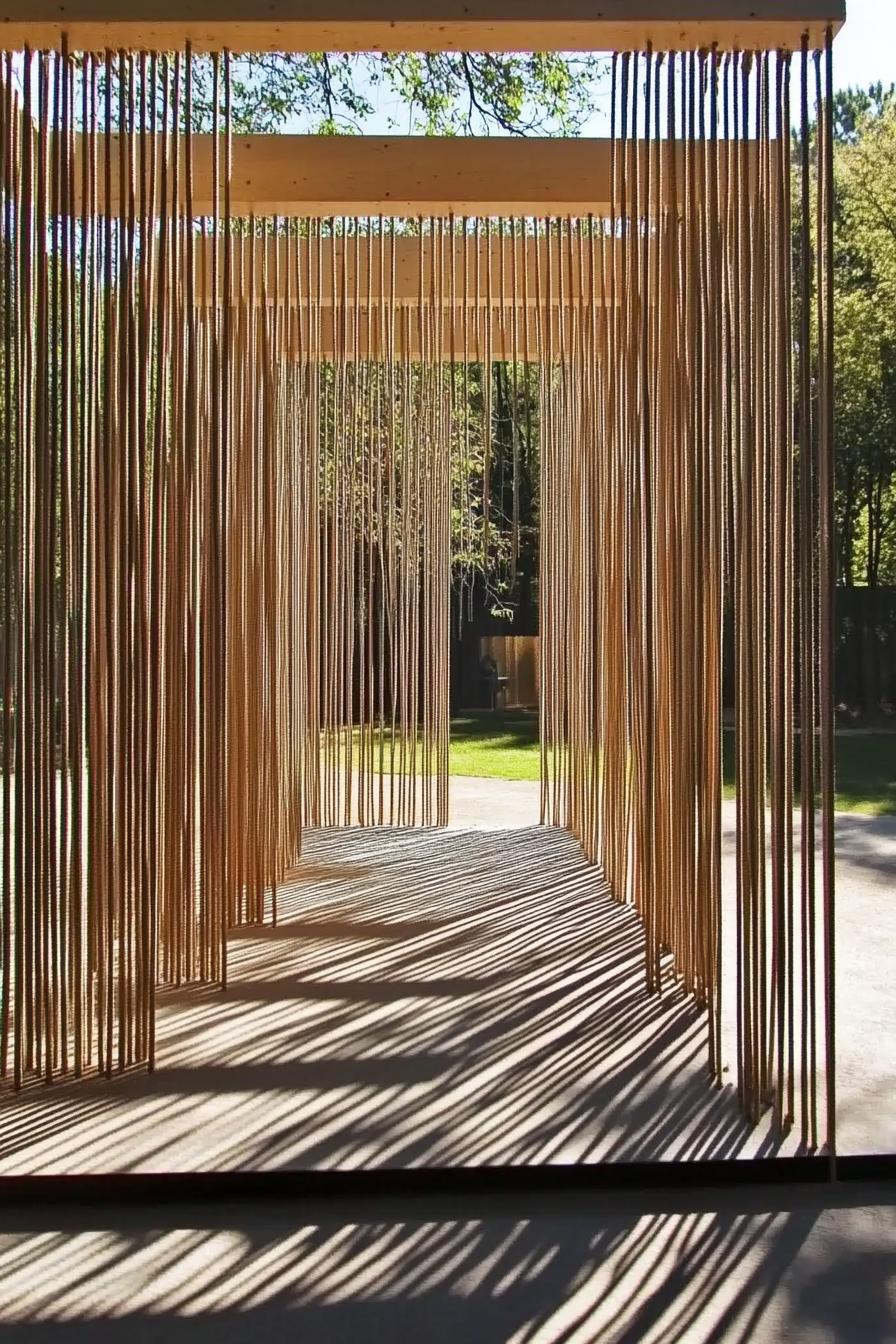 Wooden pavilion with vertical strings casting shadows