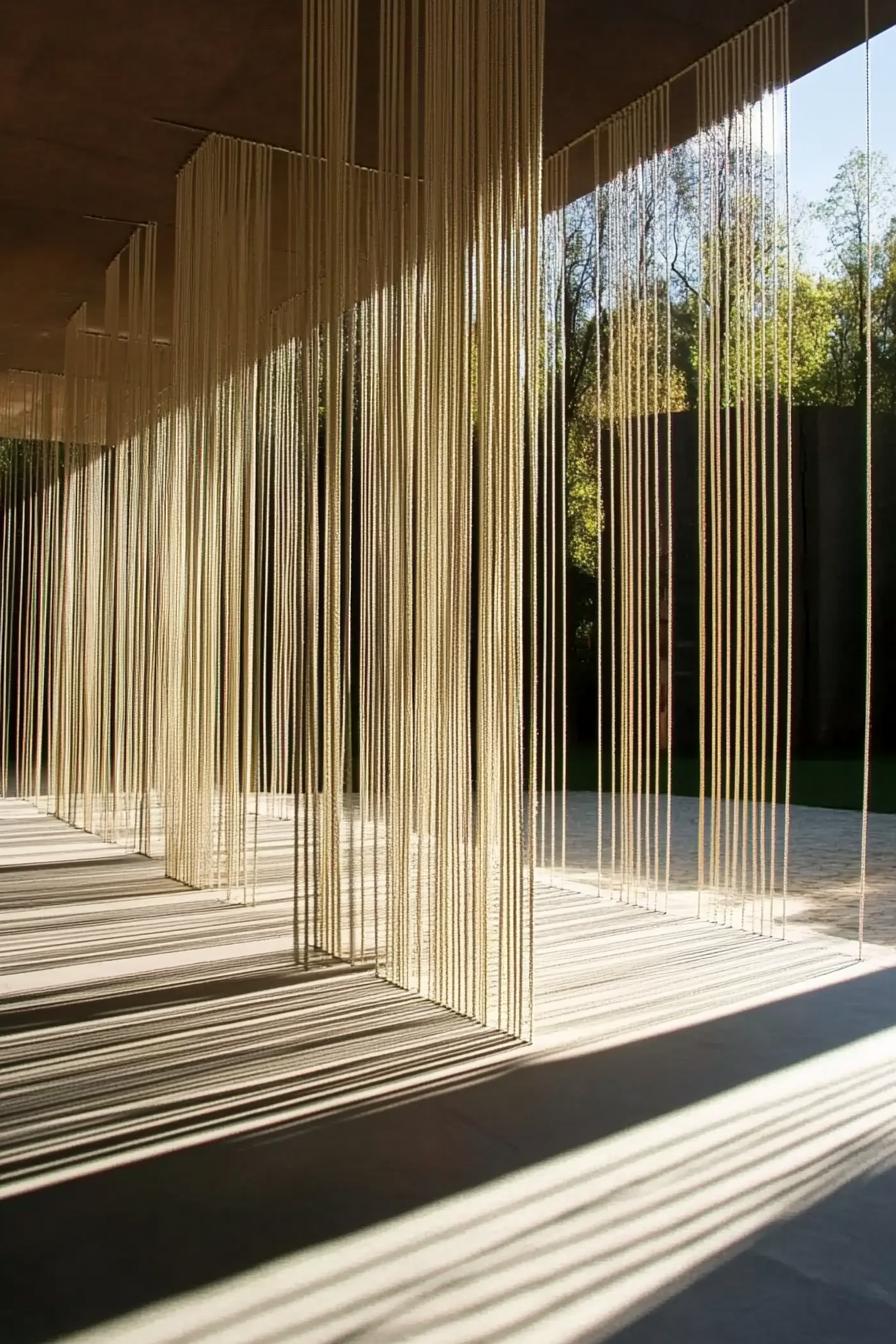 Golden strands hanging from a ceiling casting shadows