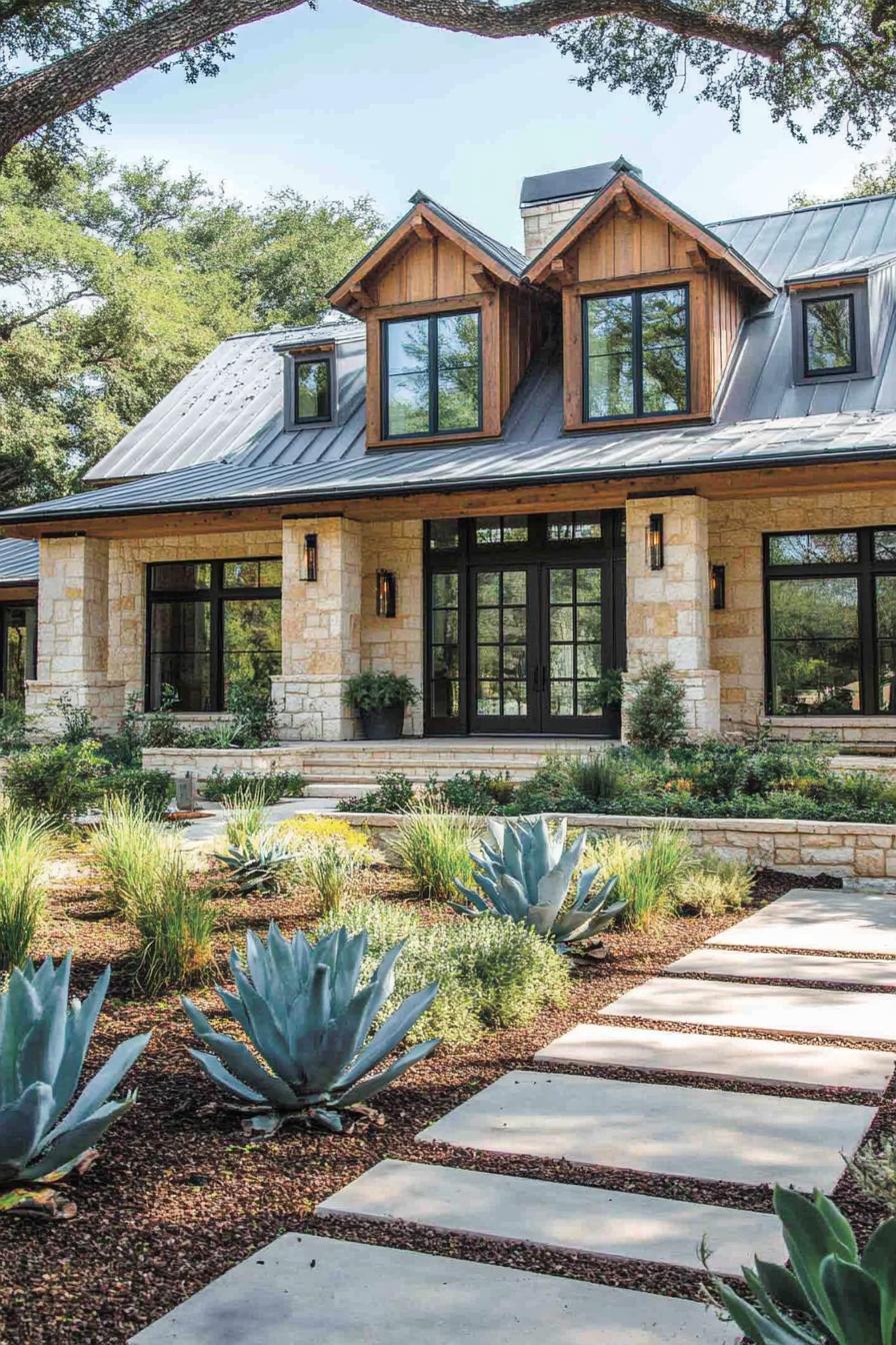 Modern farmhouse with stone exterior and lush greenery