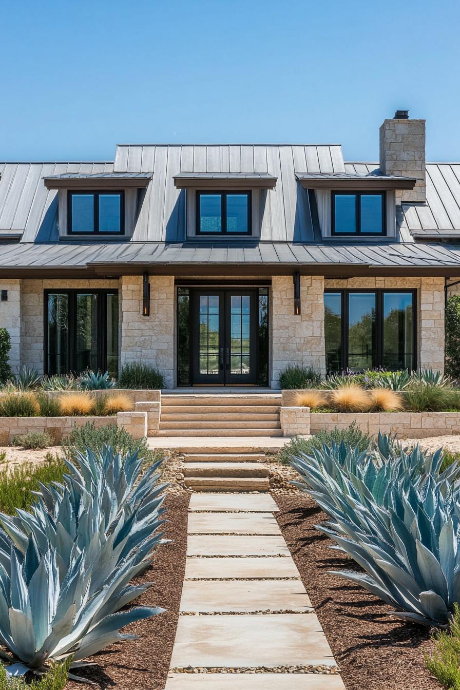 Contemporary farmhouse with stone facade and lush plants