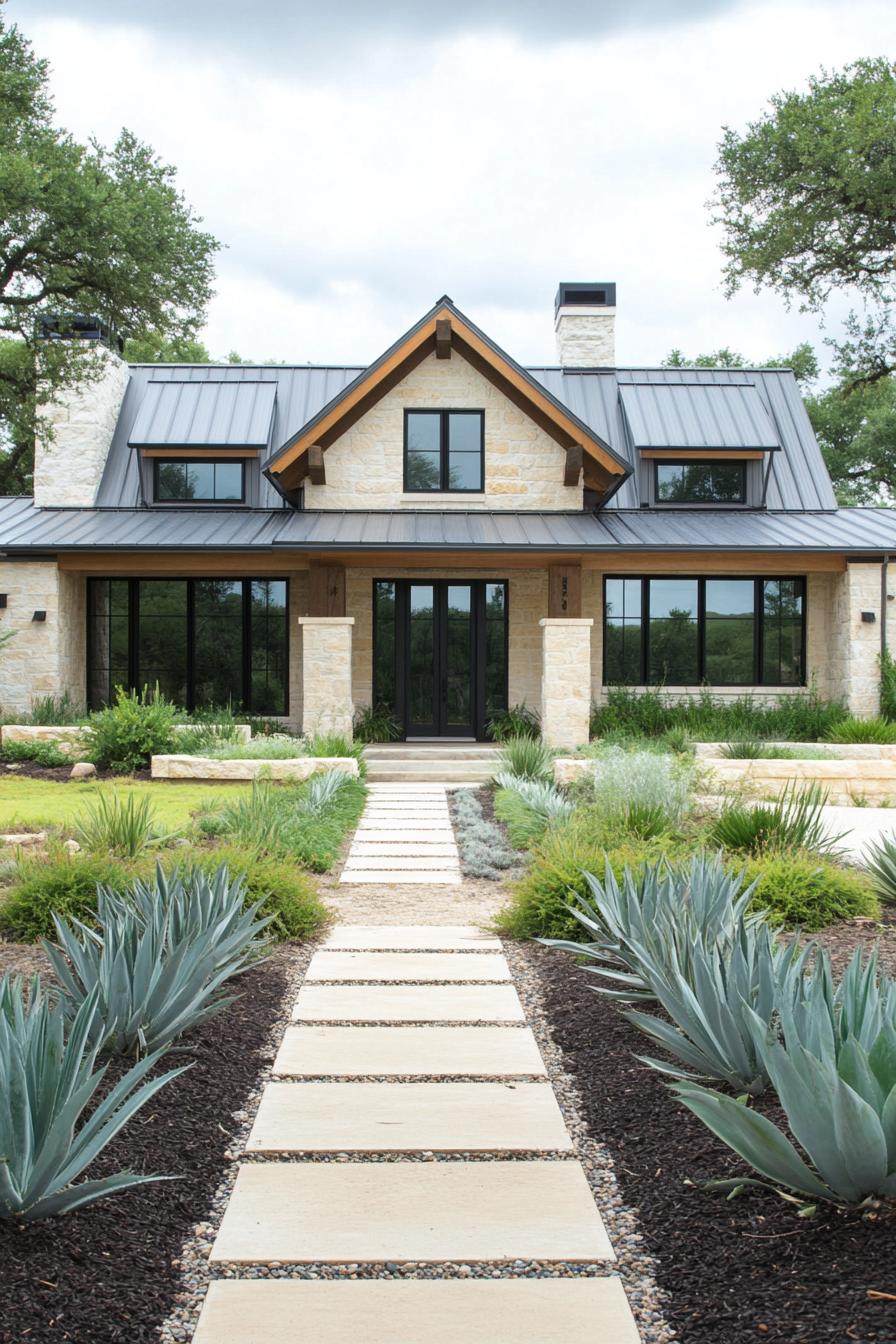 Modern farmhouse exterior with landscaped pathway