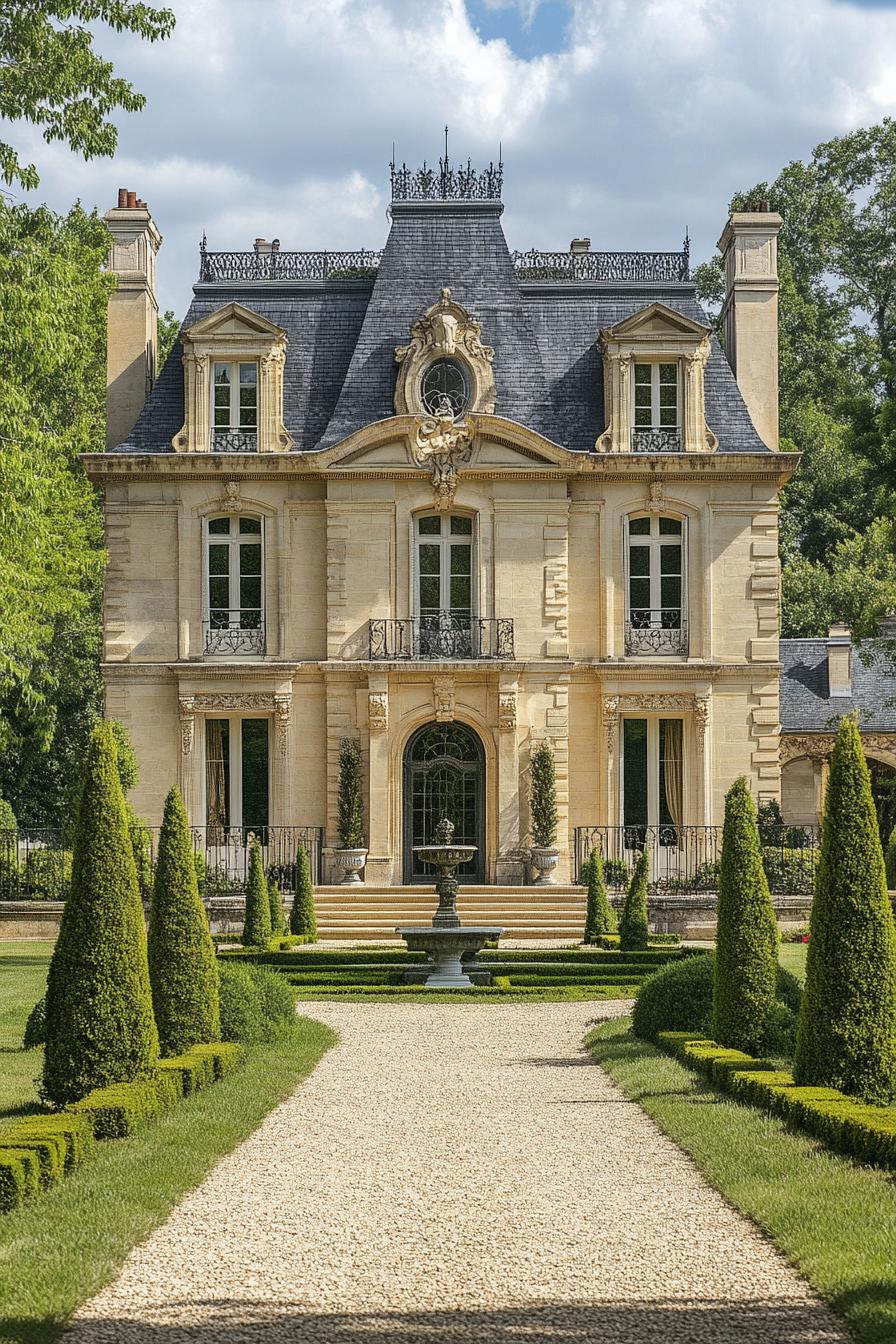 Elegant château with symmetrical design and manicured gardens