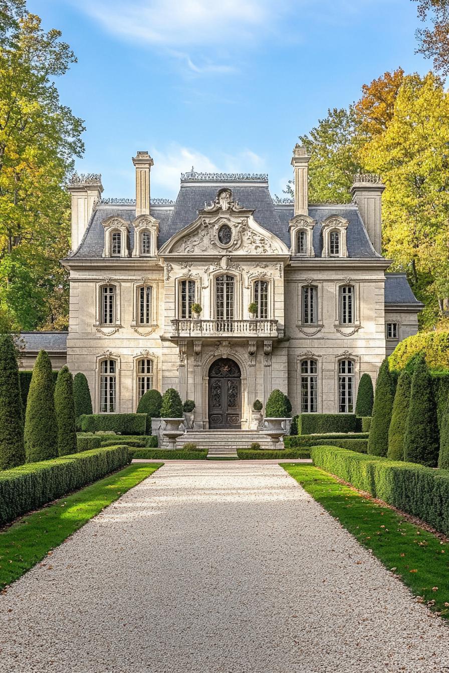 Elegant château with intricate facade surrounded by manicured gardens