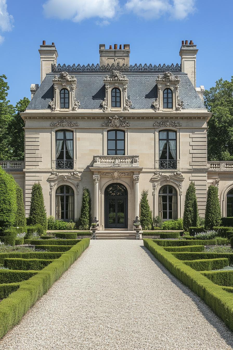 Elegant mansion with manicured hedges and a stone pathway