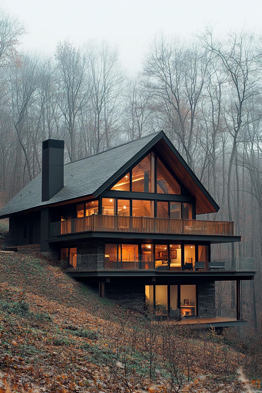 Cozy wooden house perched on a forested hill