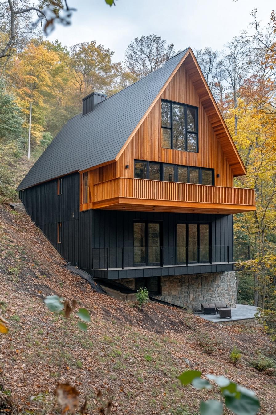 Modern cabin perched on a hillside with autumn trees